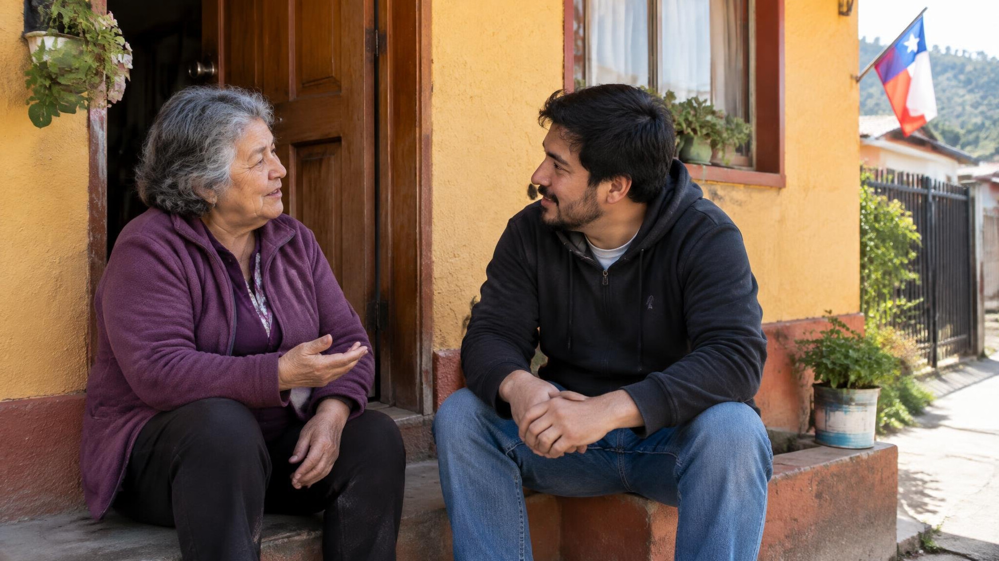 Neighbors chatting on a doorstep in a Chilean neighborhood