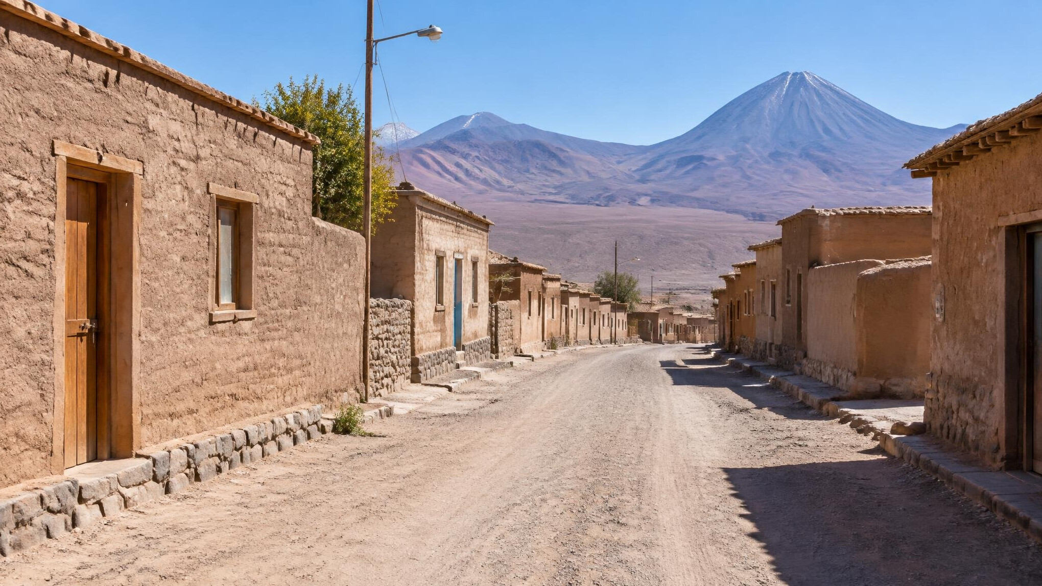Small adobe town street in the Atacama desert, Chile