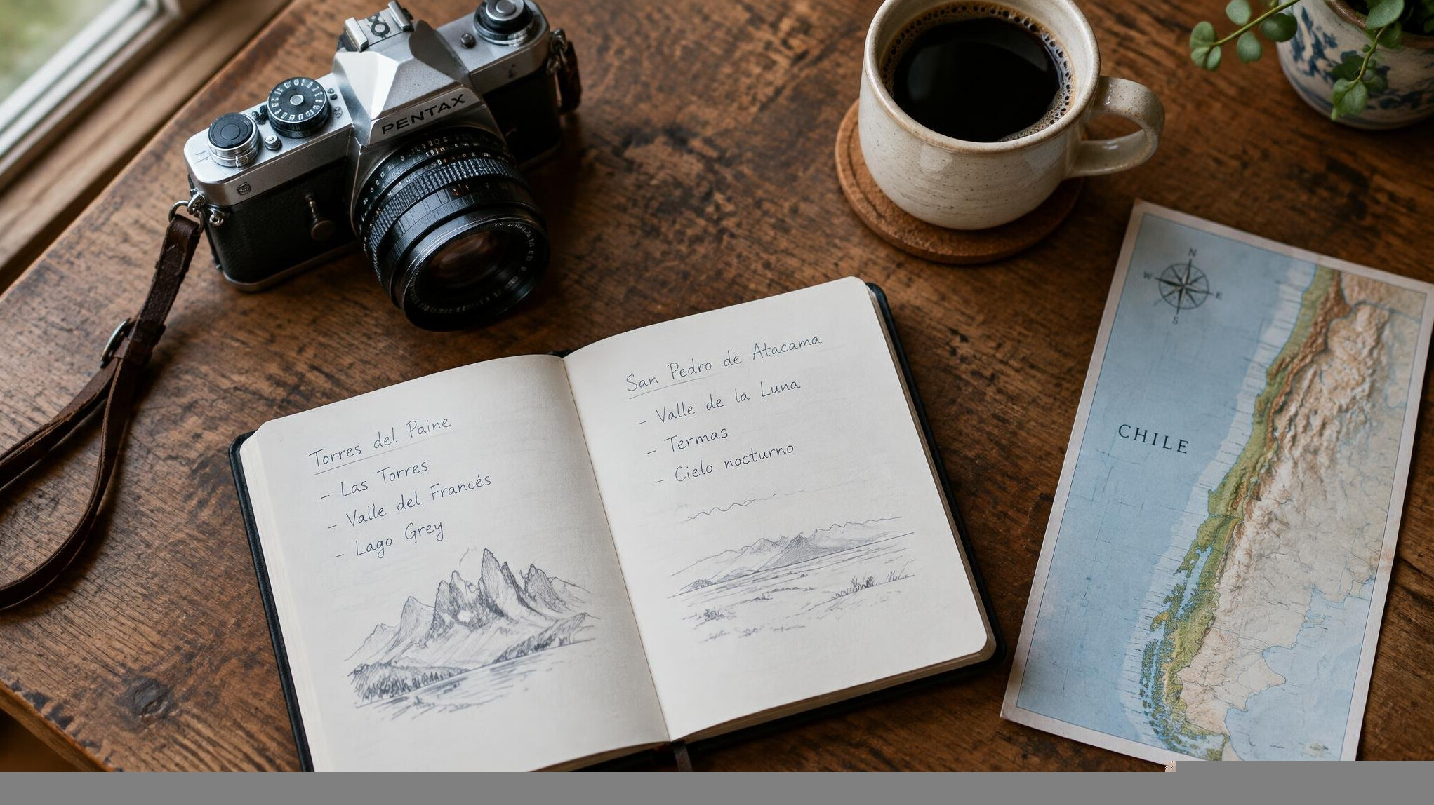 Notebook, camera and coffee on a wooden table used for documentary fieldwork