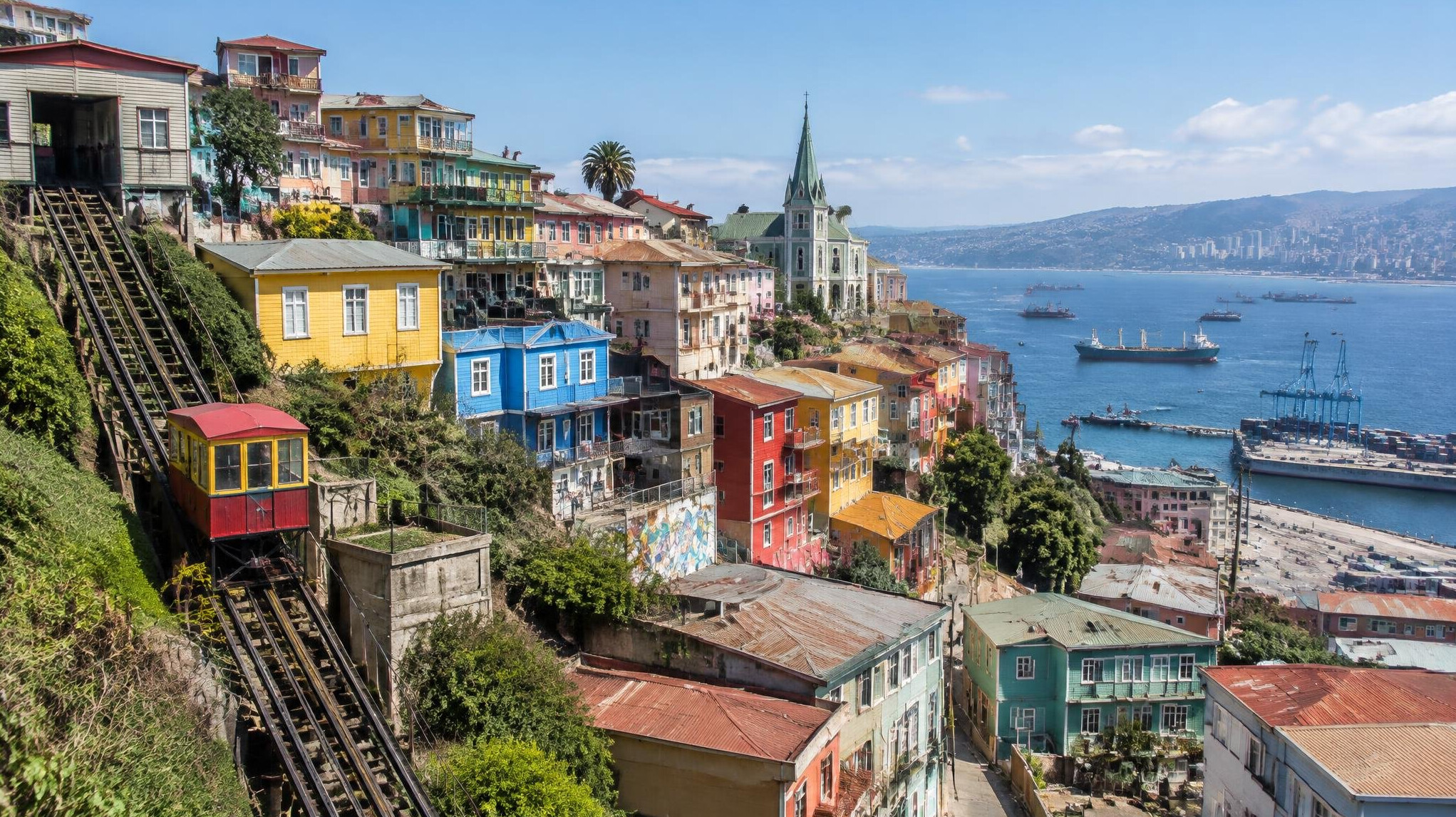 Hillside houses and funicular in Valparaíso, Chile