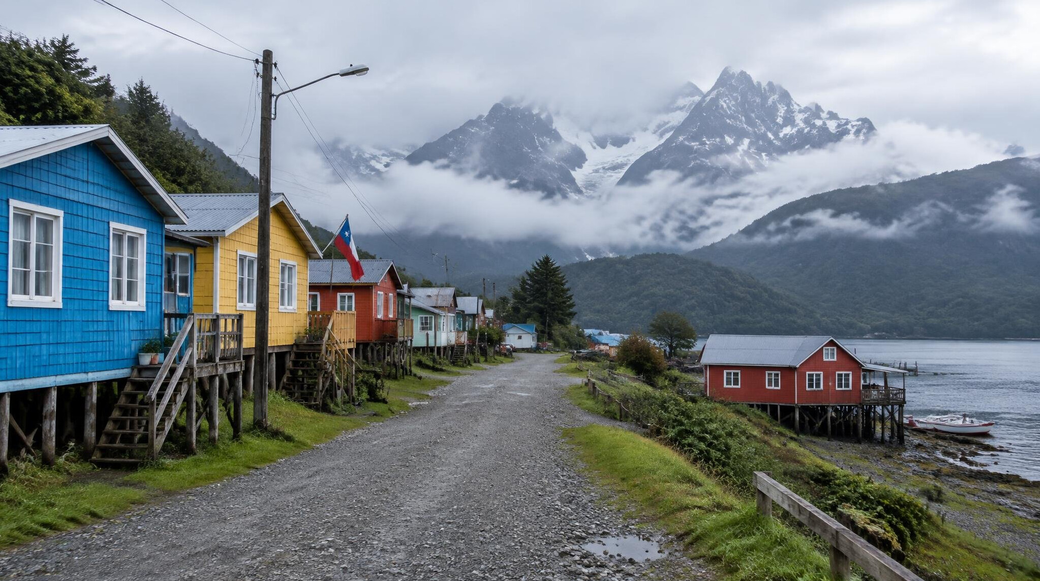 Wooden houses in a small Patagonian village in southern Chile