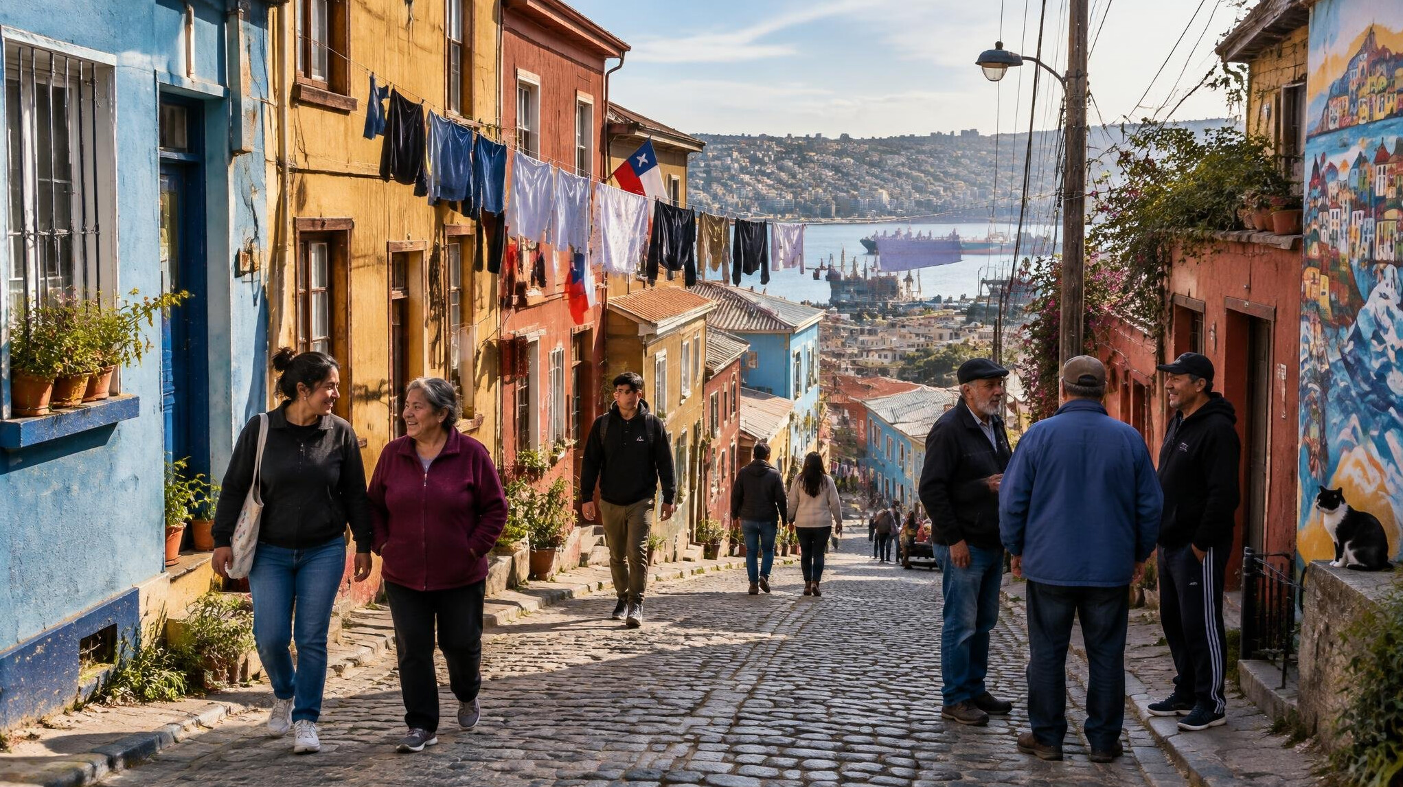 Colorful street in a Chilean hillside neighborhood with people walking